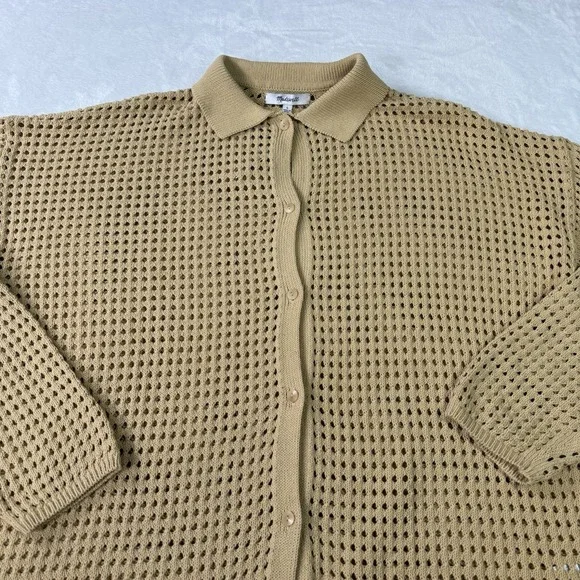 Madewell Polo Cardigan Sweater Womens Large Beige Eyelet Knit 100% Cotton NWT - Picture 2 of 11
